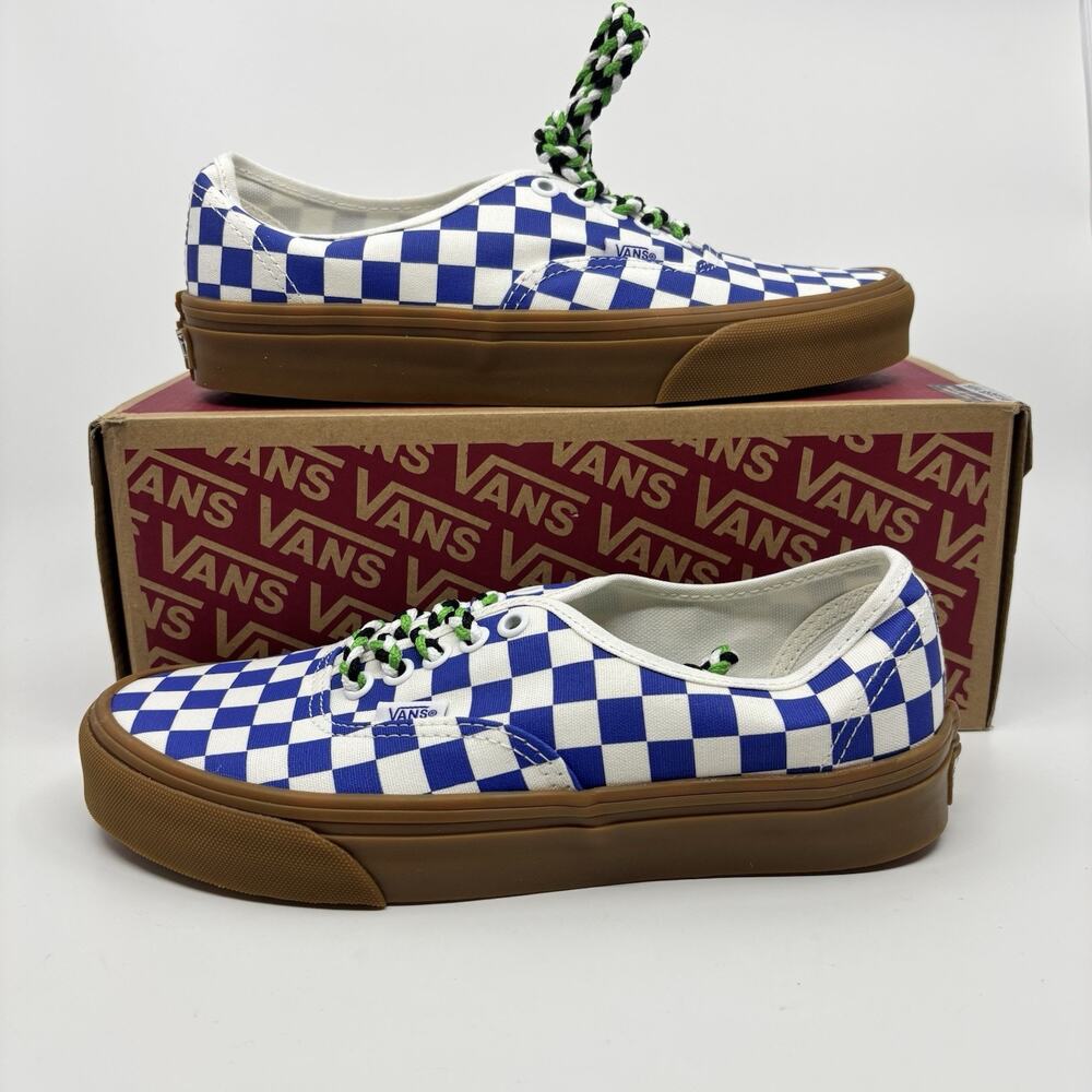 Vans Shoes Women's 8 Blue White Checkerboard Gum Braided Laces Bright Funky New